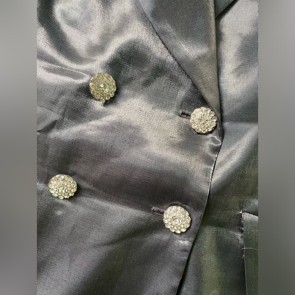 Vtg 90s Cache cosmic metallic silver gray Satin Blazer cutout back Skirt Set - Picture 4 of 14